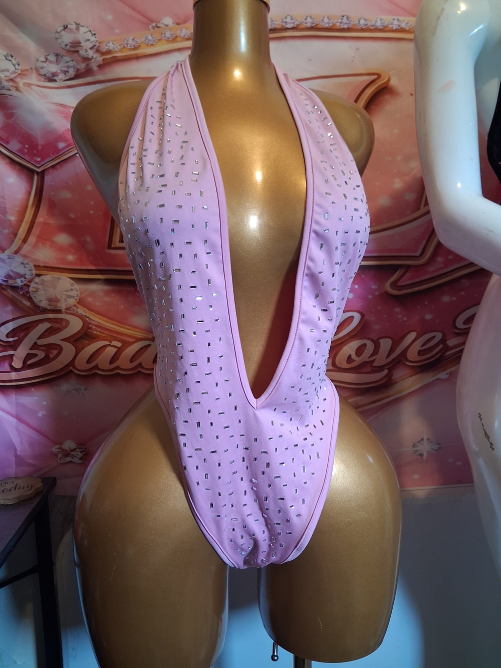 Plunge Halter Rhinestone Bodysuit in Light Pink